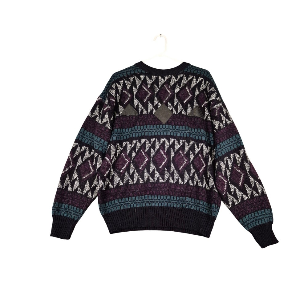 Impact Mens Geometric Texture Knit Sweater Purple‎ Teal Leather Trim Medium VTG